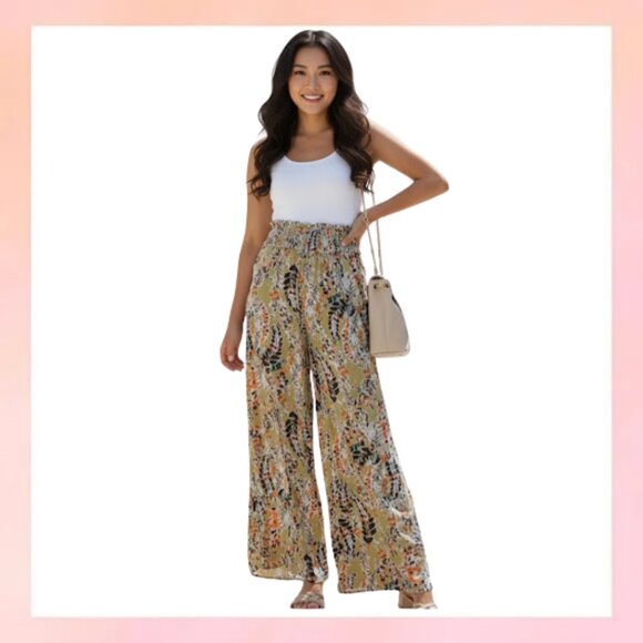 Pants - Multicolor Floral Print Shirred High Waist Wide Leg Casual Pants